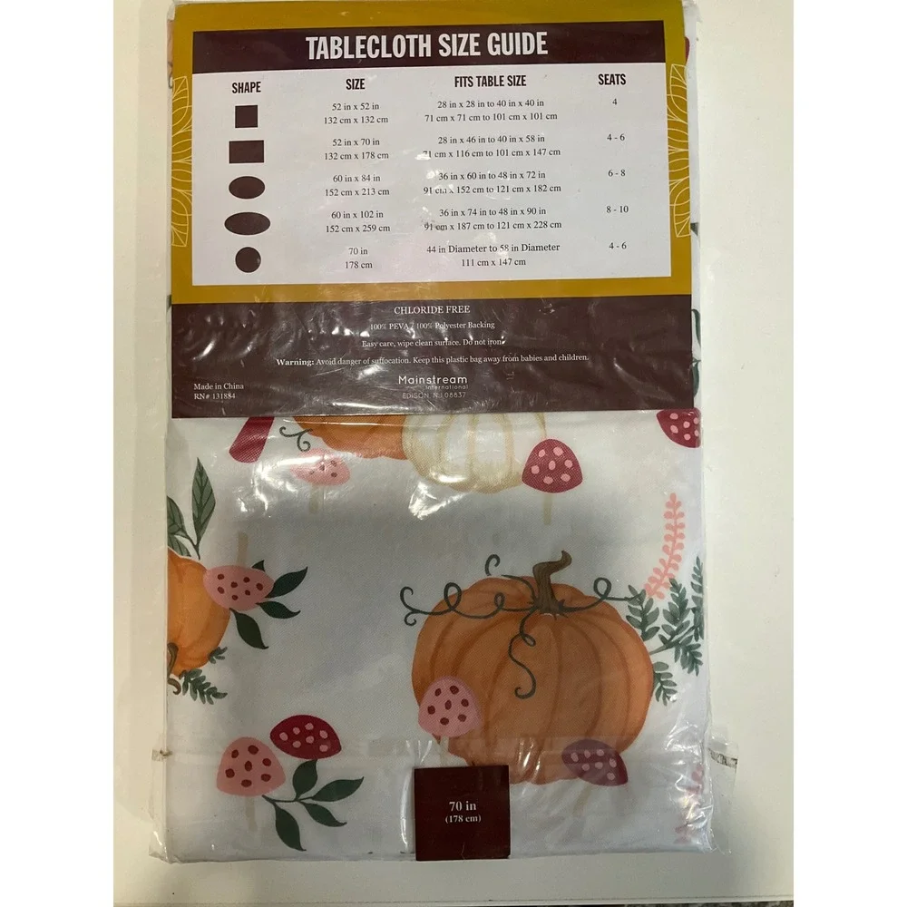 Harvest Moon PEVA Round Tablecloth Mushroom Pumpkin Fall Thanksgiving Halloween